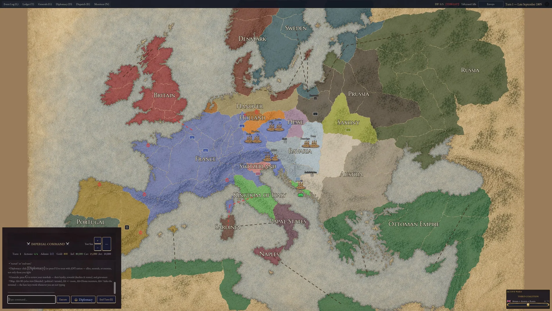 Napoleonic 1805 Europe strategy map in game